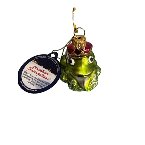 Handcrafted Lauschaer Glass Frog Christmas Ornament 2 1/4" High With Crown & Red - Picture 1 of 8